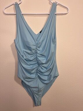 Forever 21 Pale Blue V-Neck Ruched Bodysuit